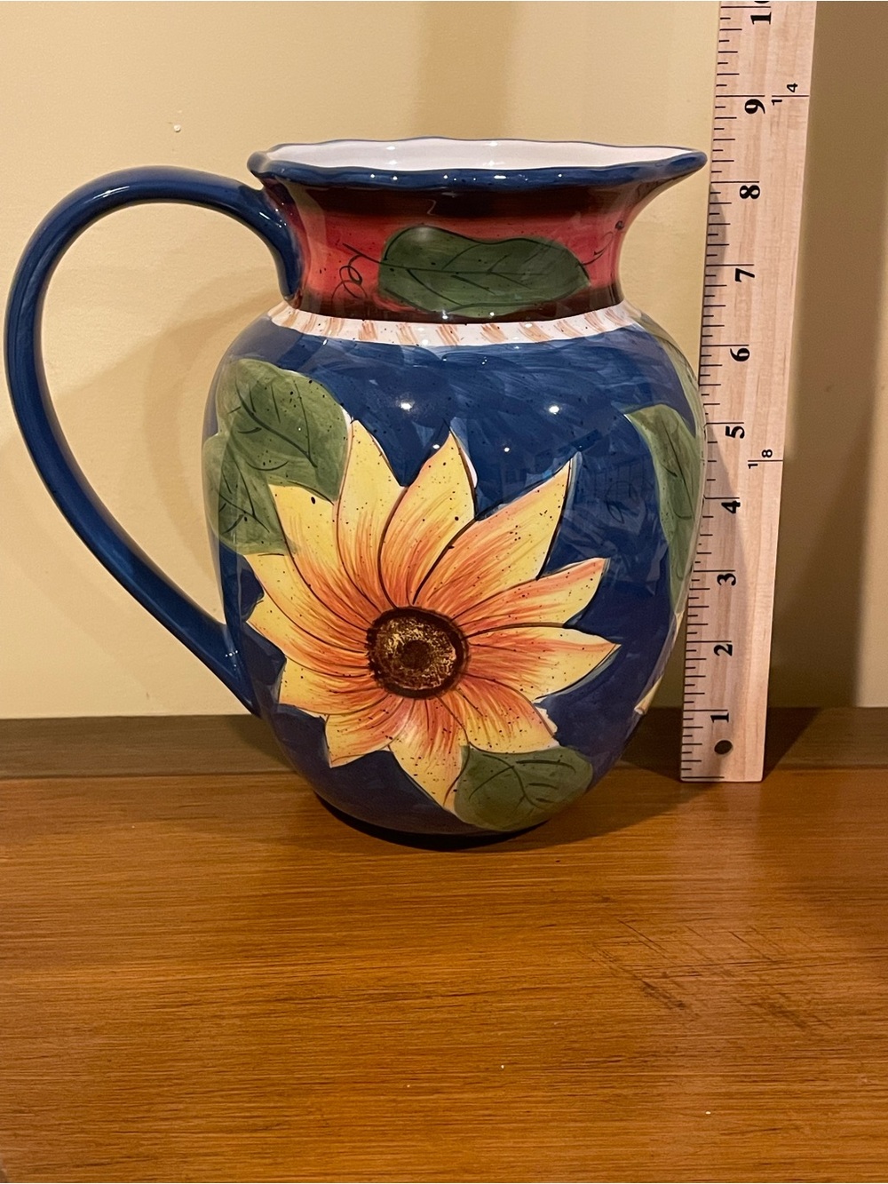 Jay Import Co. Vintage Stoneware Sunflower Pitcher, Cobalt Blue, Large Capacity - Picture 10 of 11
